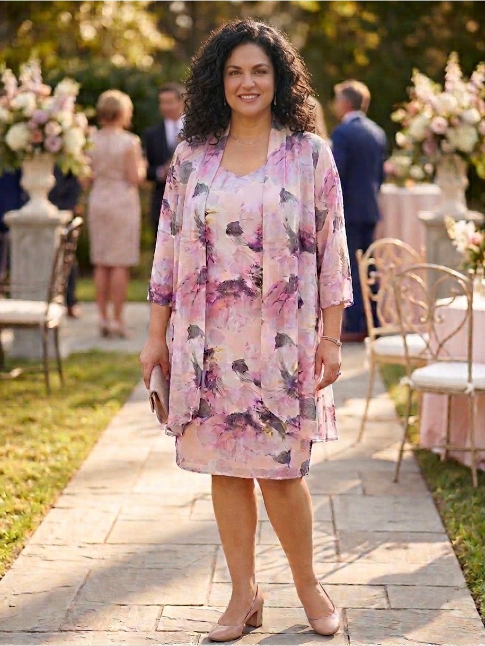 R&M RICHARDS Two-piece Floral-print Chiffon Jacket Dress with a high-low hem